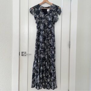 Cinq A Sept Size 4 Black Blue Button V-Neck Maxi Lisette Dress Size 2